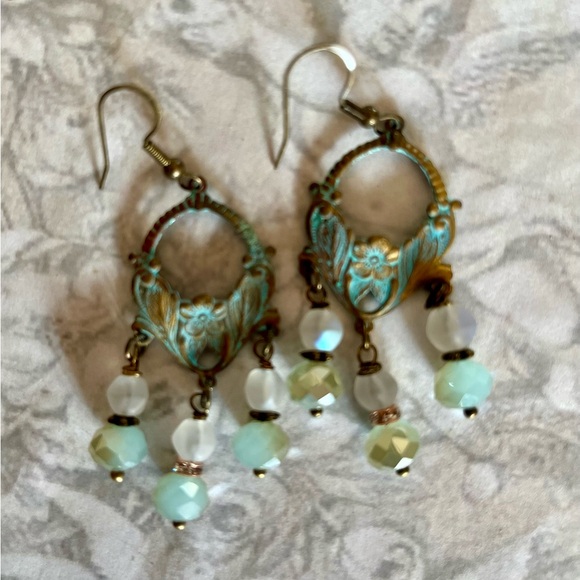 Art Nouveau Style Verdigris Earrings Czech Glass Drops - Picture 7 of 15